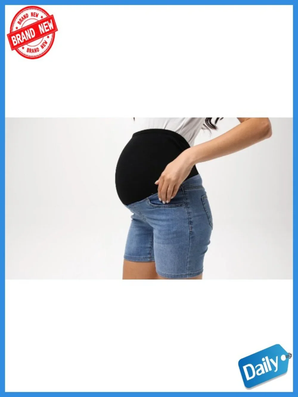 Maternity Jean Shorts Over The Belly Mid Thigh Denim with Pockets Stretchy